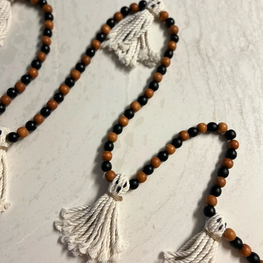 Wooden Halloween Garland 7Ft Ghosts Beaded Handmade Cottage Rustic Farmhouse